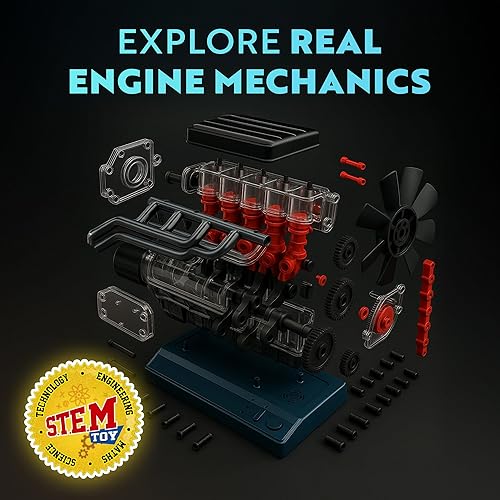 Miniatura 6 de Playz Kit de construcción de motor de 6 modelos planos más de 320 piezas de combustión interna revertida estilo V8 para construir tu propio mini