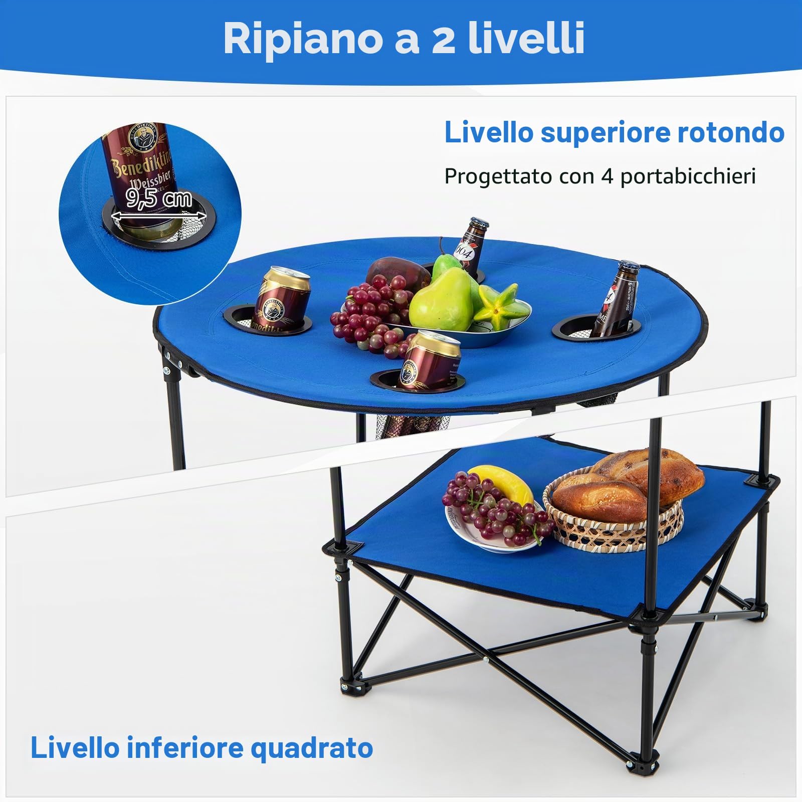 GIANTEX Tavolo da picnic rotondo pieghevole, tavolo da campeggio a 2 livelli con 4 portabicchieri in rete, telaio metallico a forma di X, tessuto Oxford, carico 40 kg, per barbecue, spiaggia, blu