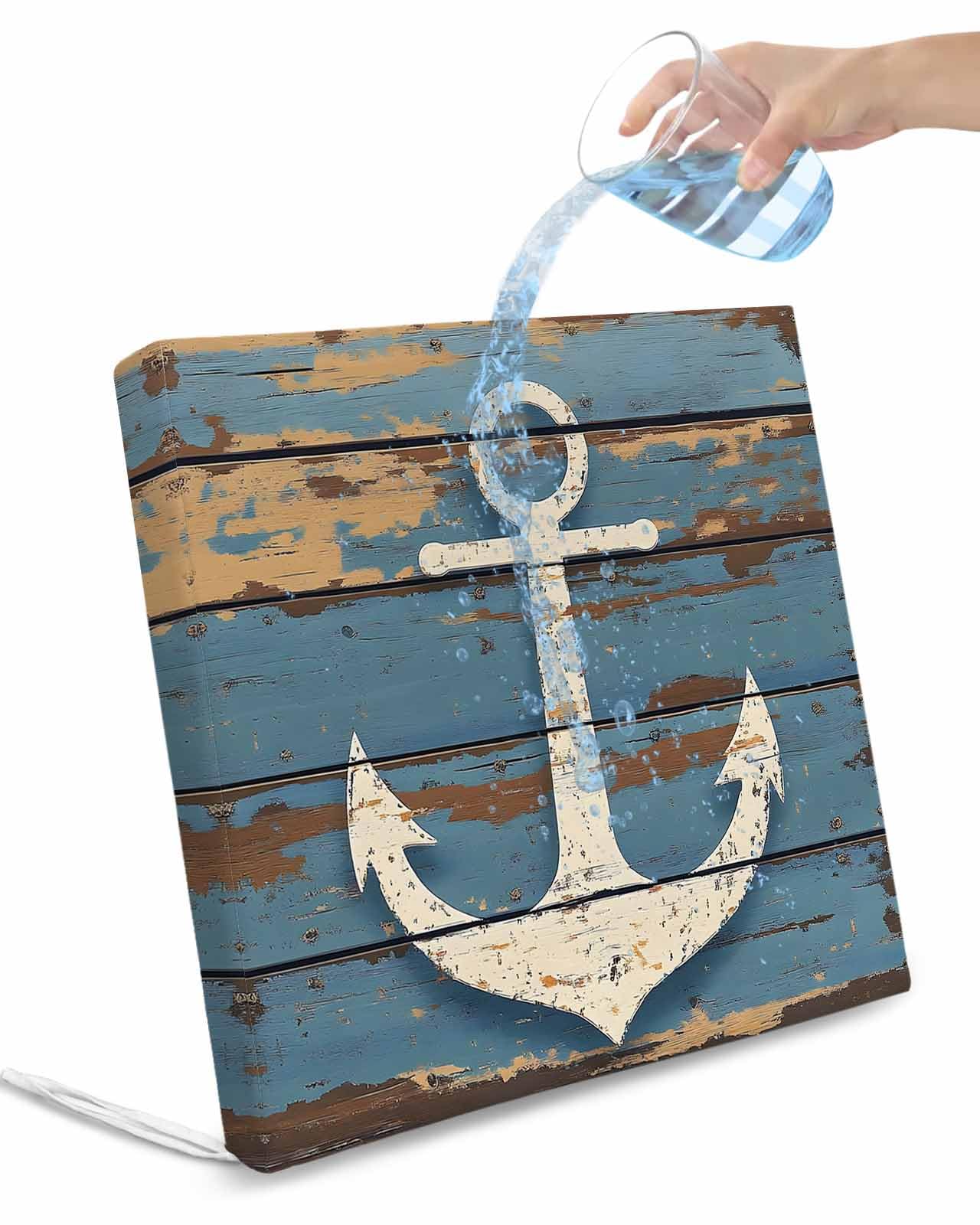 2 Pack Brown Nautical Anchor Waterproof Cushion Covers with Ties, Outdoor Patio Chaise Lounge Chair Seat Cushion Slip Covers Replacement(Only Cover) Coastal Vintage Rustic Blue Wood 20