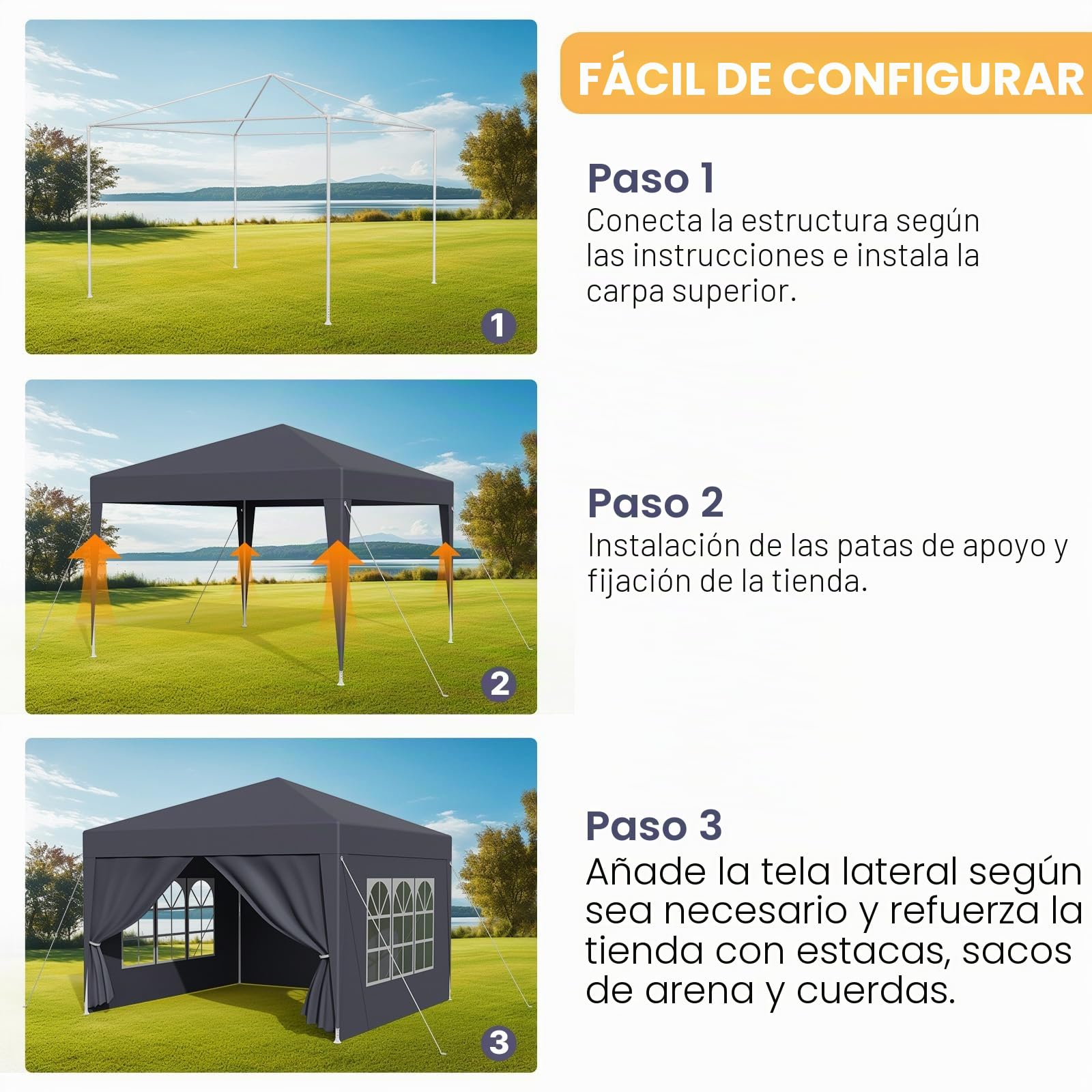 Carpa impermeable de 3 x 6 m, para jardín, sistema de conexión, varillas de metal, para fiestas, camping, fiestas, lonas de polietileno, con paredes laterales, ganchos para tierra, protección UV