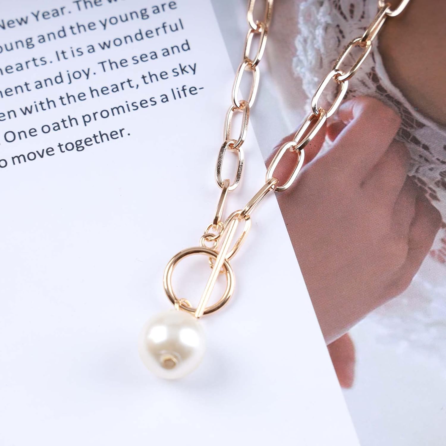 Bohemian Pearl Pendant Necklace Pearl Paperclip Link Chain Necklace Paperclip Collar Necklace Gold T Bar Necklace Jewelry for Women - Image 5