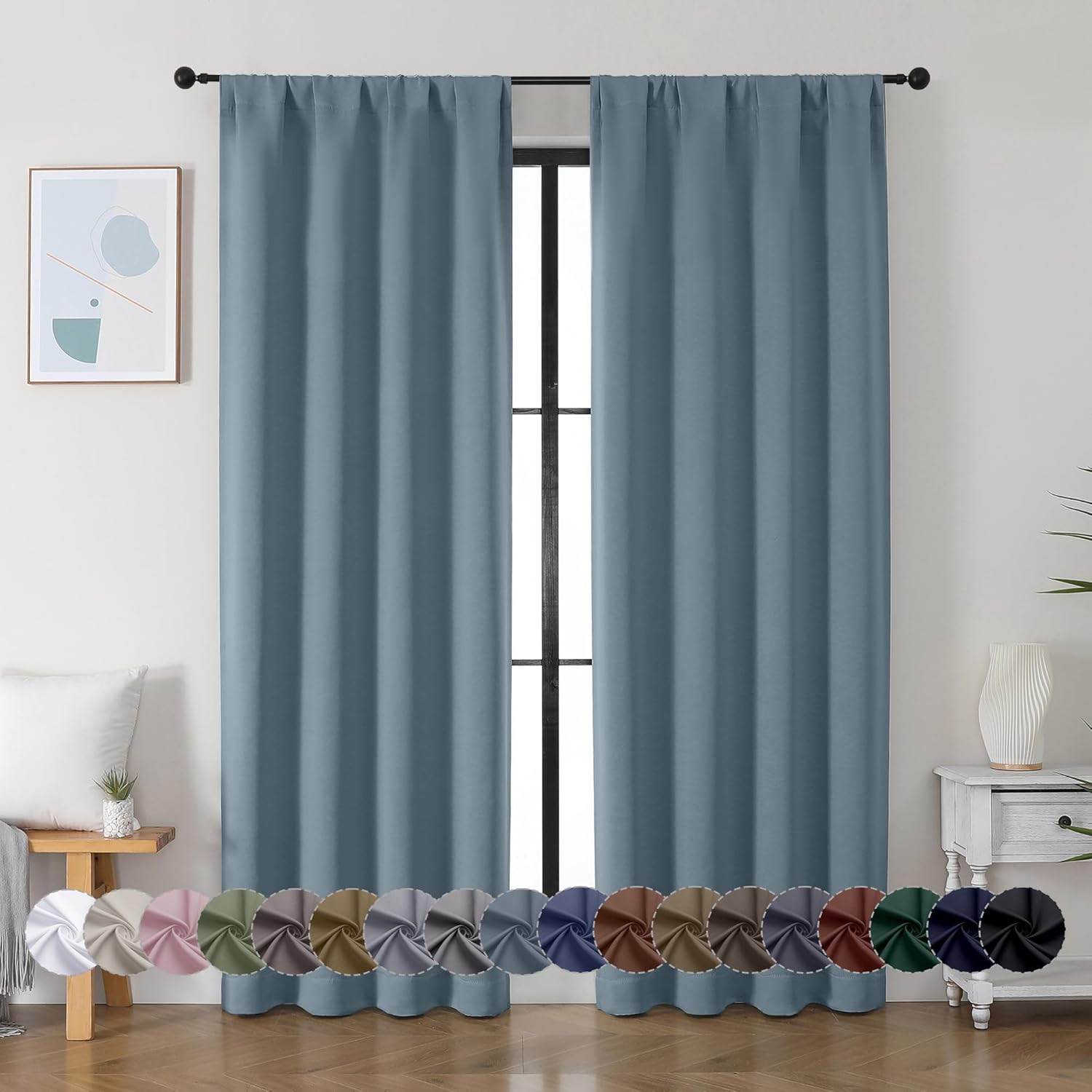 Simplebrand Ava Stone Blue Blackout Curtains, Privacy Thermal Insulated, 72 Inch x 40 Inch, 2 Panels for Bedroom, Patio, French Door Stone Blue 40"W x 72"L (Pack of 2)