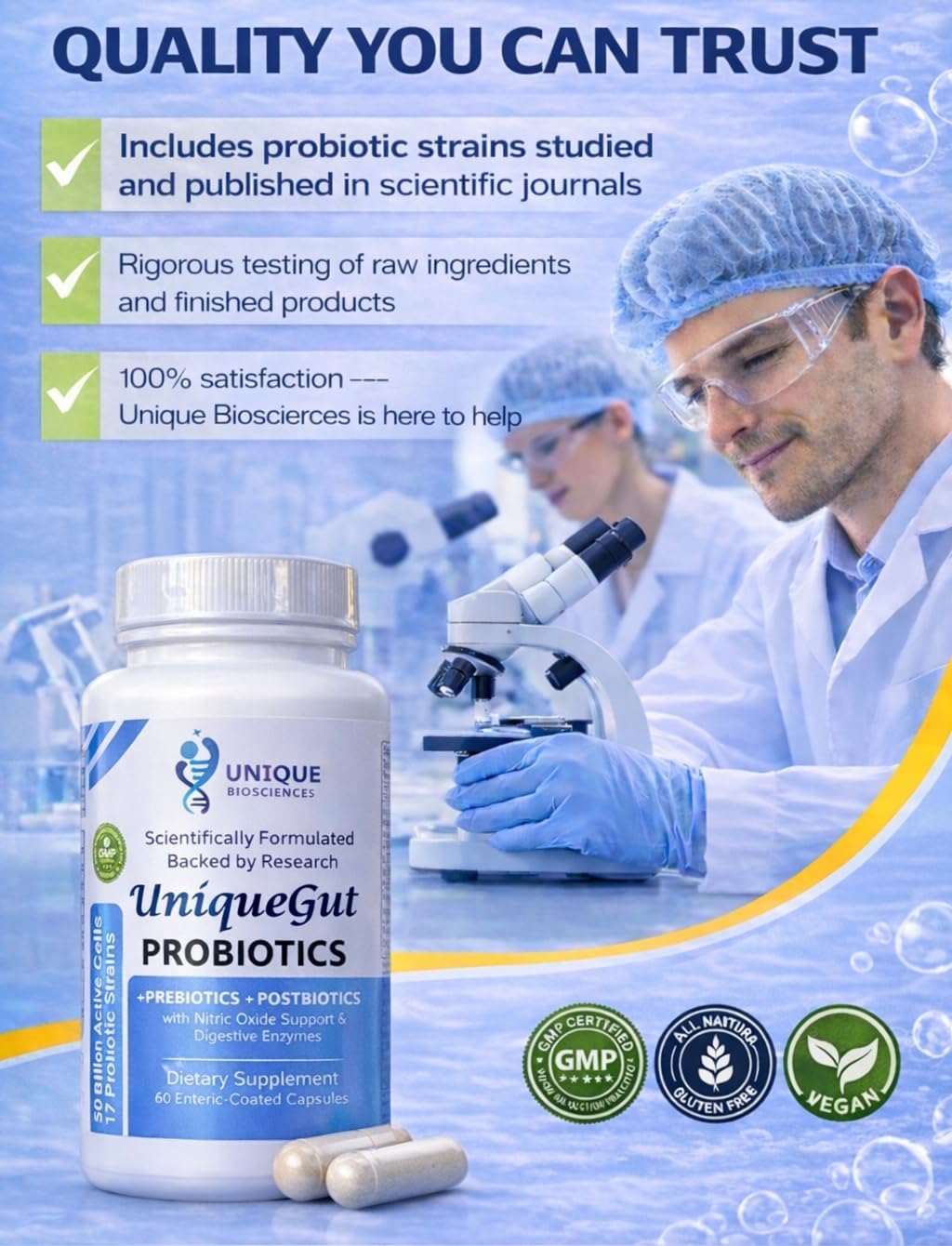 UniqueGut™ Probiotics – 17-Strain Advanced Formula with Prebiotics, Postbiotics, Digestive Support & CoQ-10
