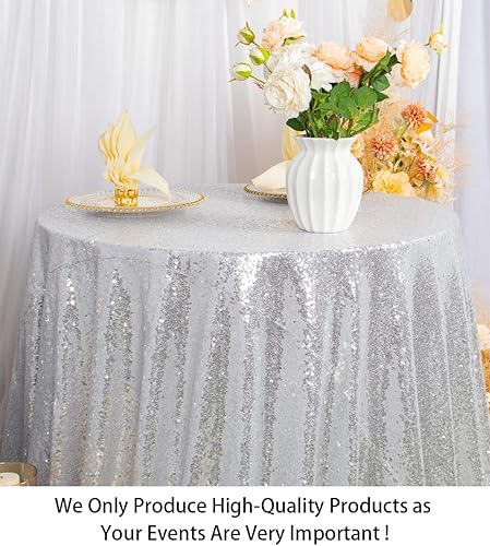 Miniatura 2 de ShiDianYi Mantel redondo de 50 pulgadas, mantel de lentejuelas plateadas con purpurina, mantel circular de lino con lentejuelas plateadas para