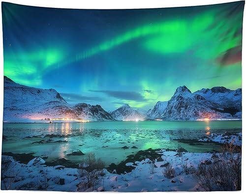 Miniatura 4 de BELECO Telón de fondo de tela de 9 x 6 pies Aurora Borealis con cielo nocturno cubierto de nieve, montañas cubiertas de lago, cielo estrellado con