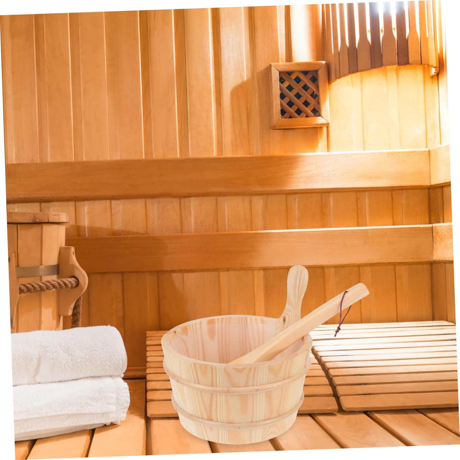 BESPORTBLE 1Set Wooden Sauna Bucket and Spoon Set Durable Bathing Barrel for Spa and Home Use Light Yellow Finish for Relaxation and Steam Therapy