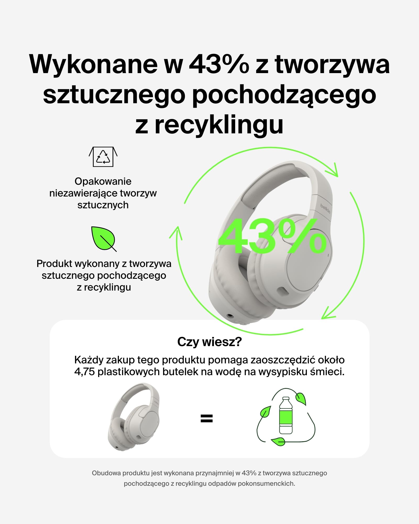 Belkin SoundForm Surround Słuchawki Bezprzewodowe Nauszne Bluetooth z ENC Redukcją Hałasu i Miękkimi Nausznikami, do iPhone’a, Galaxy i iPada, 60 godz. Odtwarzania w Podróży, Domu, Piaskowe