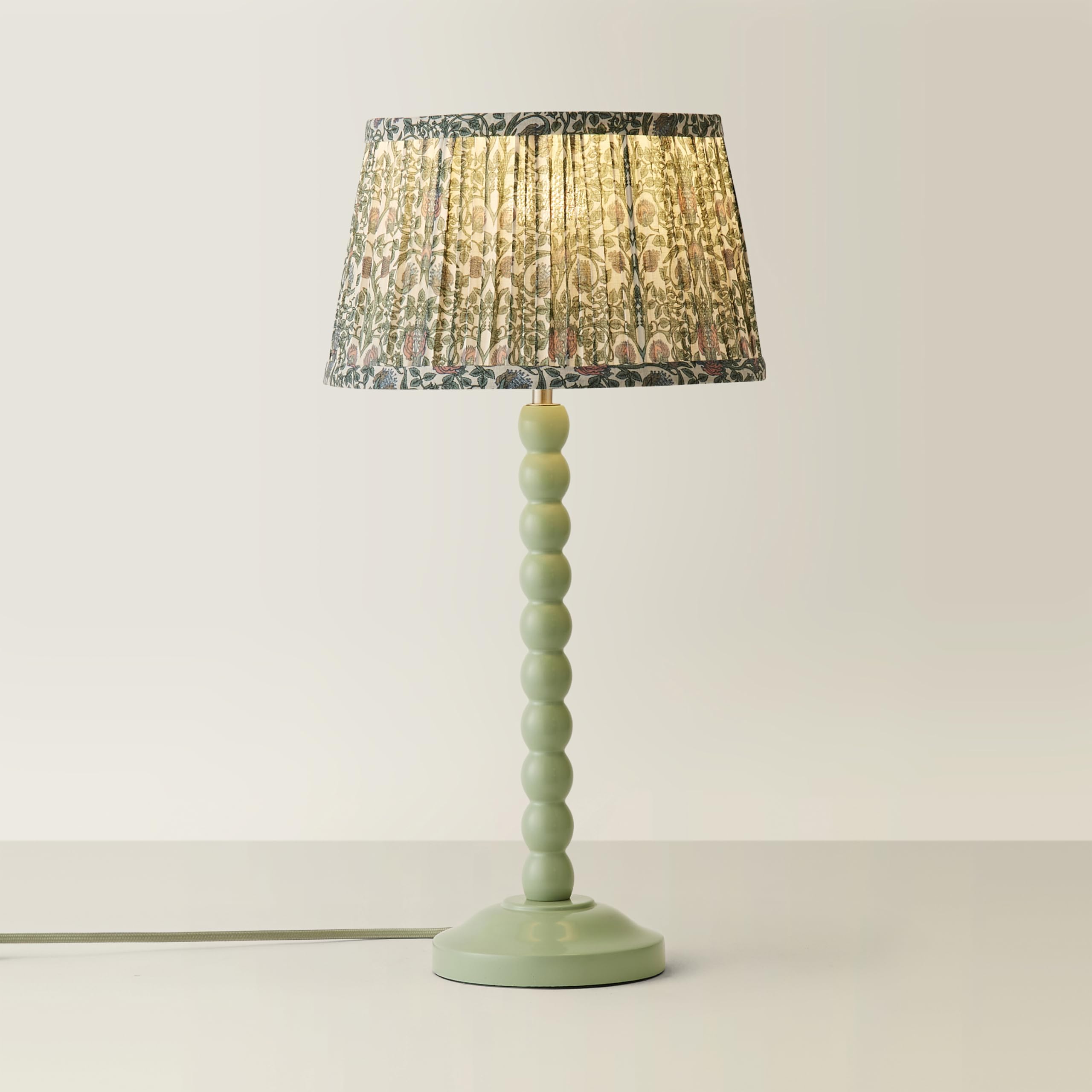 ValueLights | Bobbin Pastel Green Table Lamp with Floral Pleated Shade | Table Lamps & Home Improvements Essential