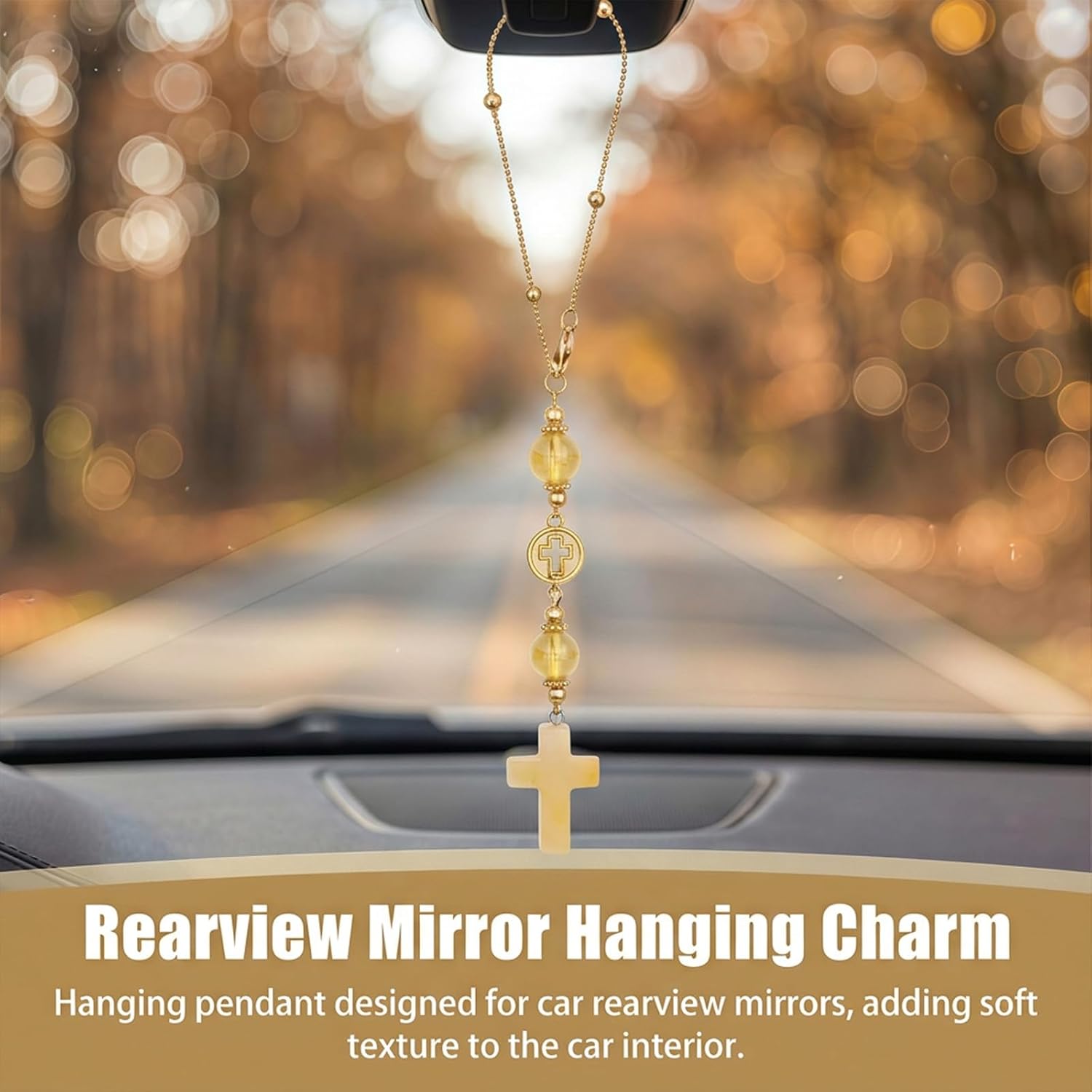 Crystal Hanging Car Charm, Stone Style Car Decor for Rear View Mirror Boho Handmade Light-Catching Ornament Accessories Rose Quartz Color Motif for Women (Yellow) image 3