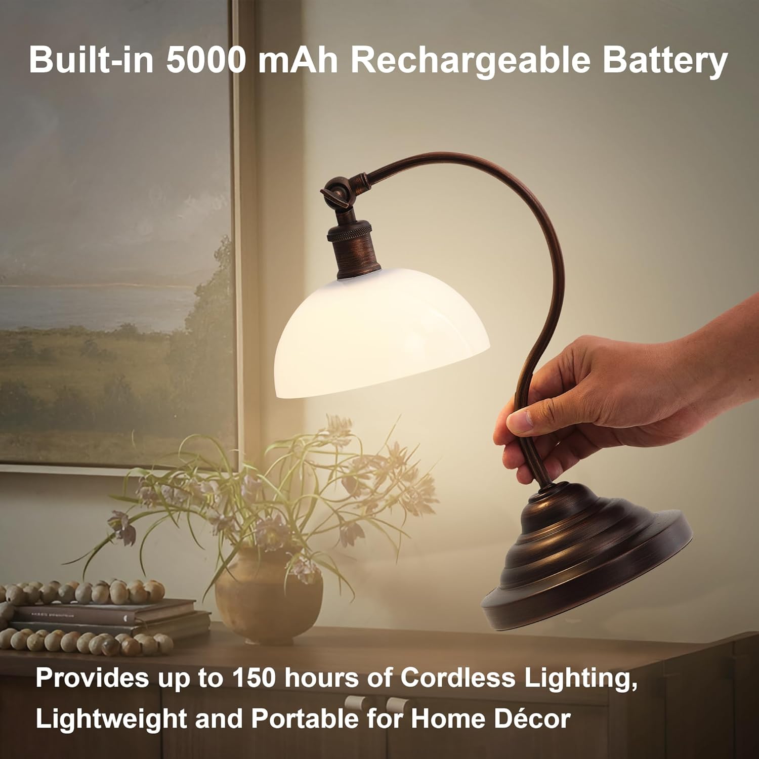 Cordless LED Table Lamp, Battery Operated Desk Lamps with Swing Arm & Plastic Shade, Vintage Small Rechargeable Dimmable Light for Bedroom, Living Room, Nightstand, Oil Rubbed Bronze