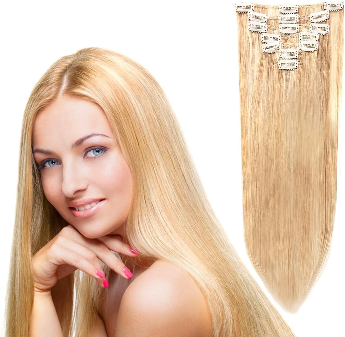 20" Remy Hair Extensions Clip in Human Hair with 15clips 7pcs Soft Smooth Straight &Thin for Lady (70g, Ash Blonde mix Bleach Blonde #18+#613)