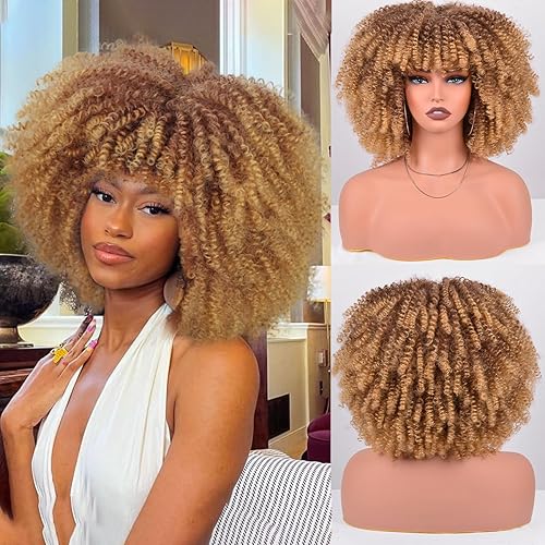 Pelucas afro rizadas de 12 pulgadas para mujeres negras, peluca rizada tipo afro con flequillo de aproximadamente 9.88 oz, de cabello sintético sin