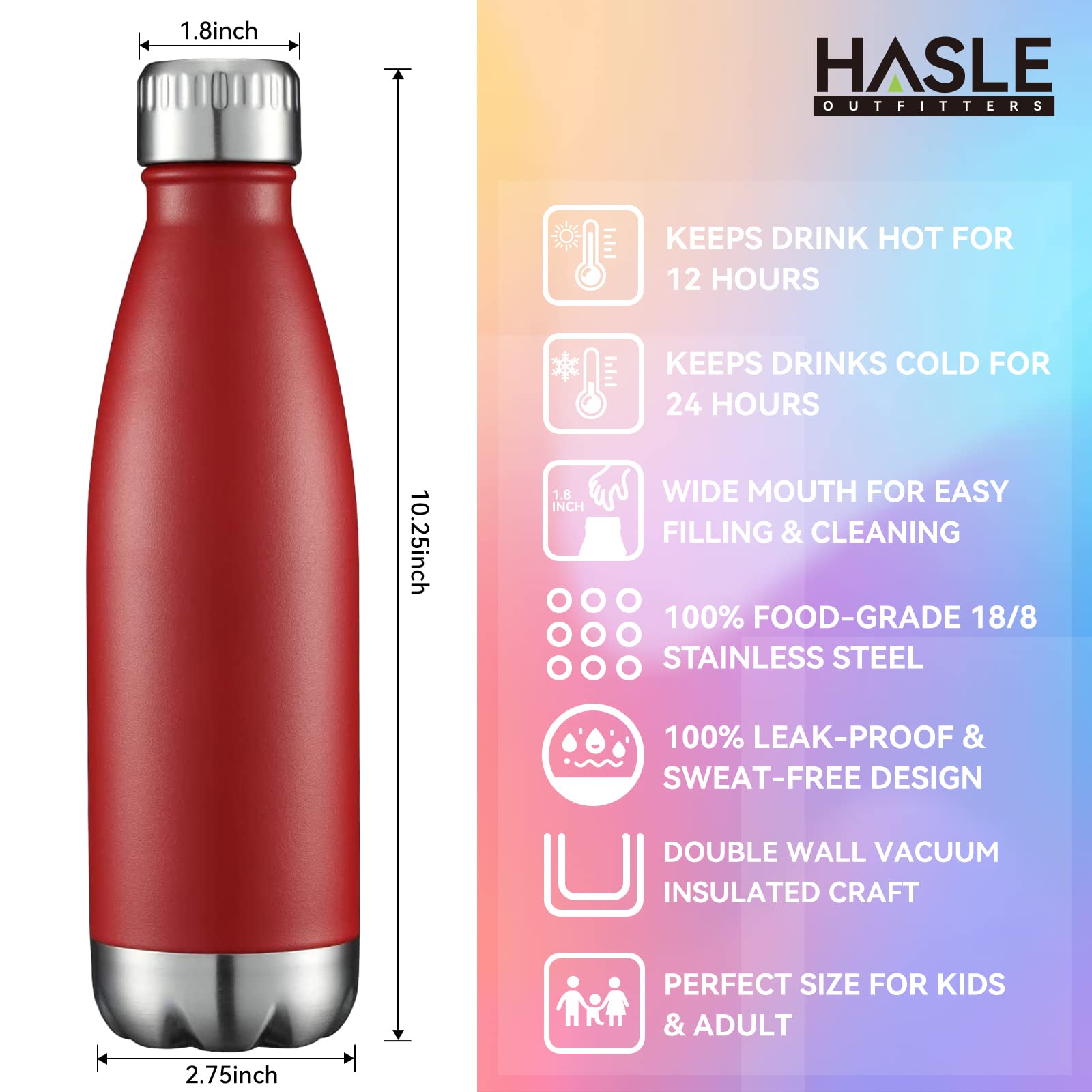 HASLE OUTFITTERS Botella de agua de acero inoxidable aislada al vacío de doble pared con tapa para deportes, viajes al aire libre a prueba de fugas