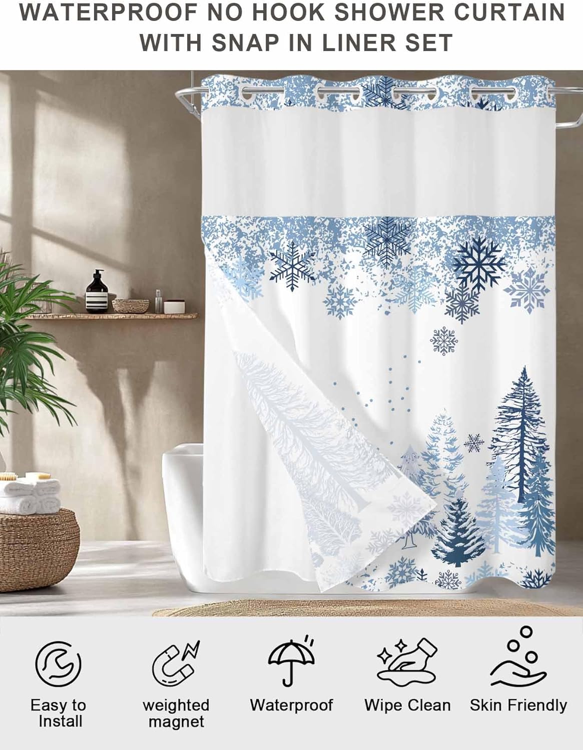 ALAGEO Christmas Shower Curtain with Snap-in Fabric Liner Set Blue Snowflakes No Hook Shower Curtain with Mesh Top Window Christmas Tree Shower Curtains Waterproof 72x72inch
