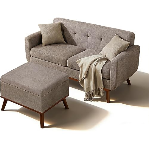 Kingfun 65" W Loveseat Sofa with Ottoman Coffee Table, Mid Century Modern Decor Love Seat Couches and Ottoman with Storage for Living Room, Button Tufted Upholstered Love Seats Furniture Set, Grey