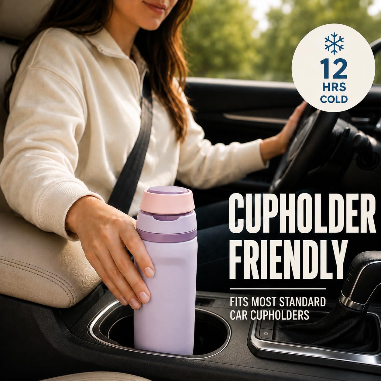 Mayim Swift-Sip Insulated Water Bottle 26 oz, Leakproof One-Hand Open Lid, Patented Easy-Sip Spout, Vacuum Insulated Stainless Steel, Locking Carry Handle, Fits Cup Holder, BPA Free (Soft Lavender)
