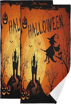 Happy Halloween Fall Pumpkin Witch Hand Bath Towel Highly Absorbent Soft Hanging Towels Spooky Ghost Castle Bats Kitchen Dish Towel Set Washcloth 2pcs