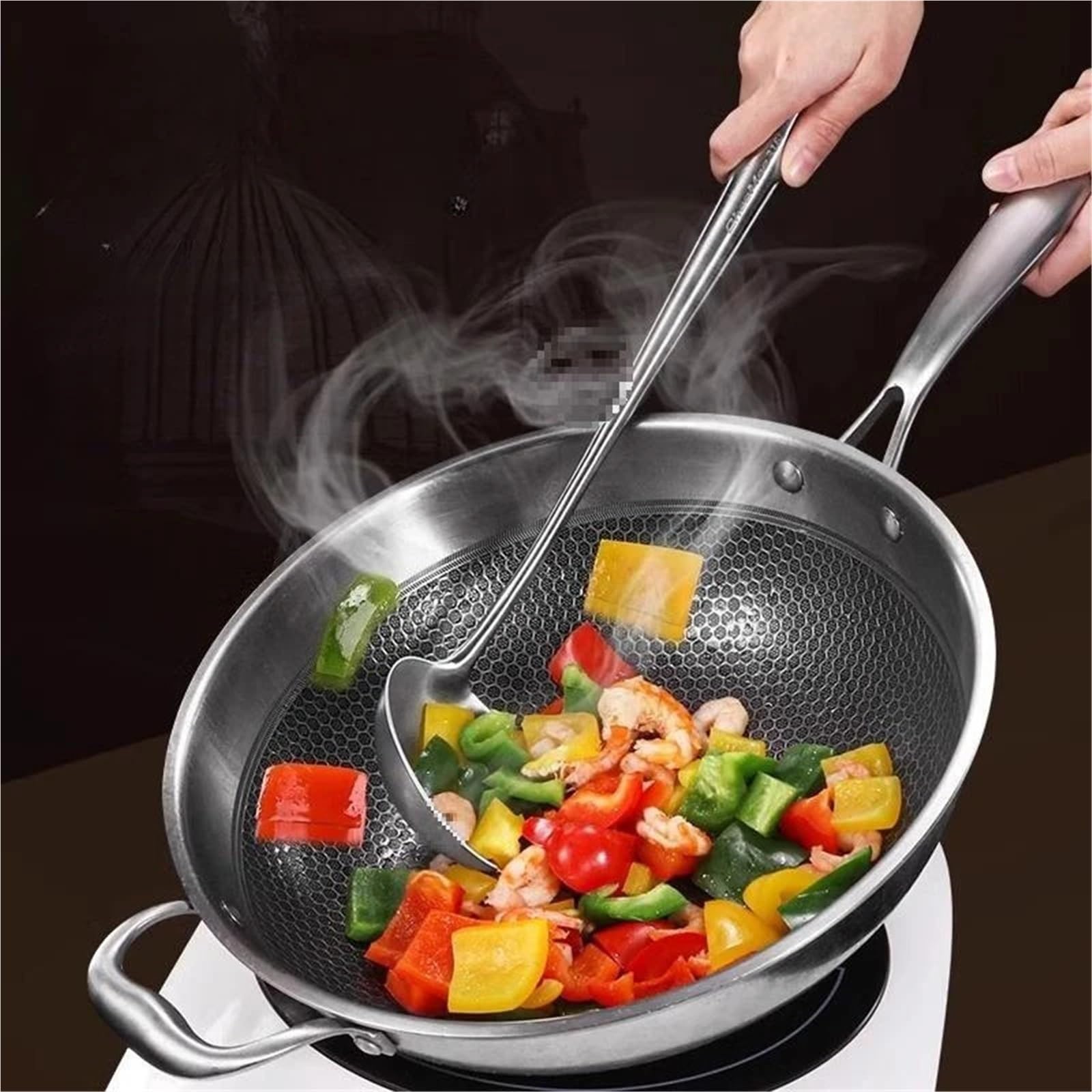 2PCS 316 Edelstahl Wok Spachtel Metall küche utensilien Schlitz Turner Löffel Schöpfkelle Kochen Werkzeuge Utensil Set Küche Zubehör für Antihaft-Kochgeschirr(Size 2)