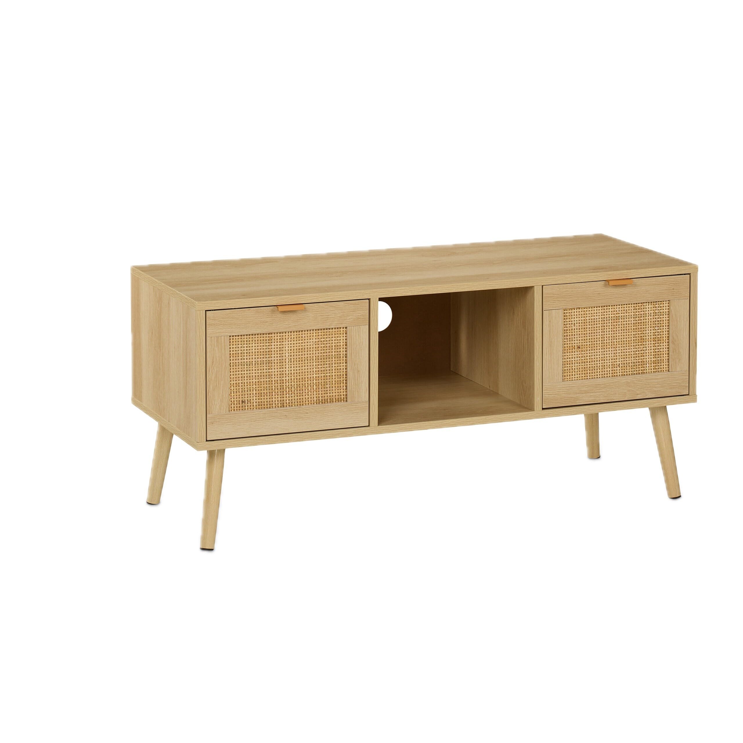 Relaxdays Mueble TV, Efecto Ratán, Mesa para Televisor hasta 43", Lowboard, 45,5 x 100 x 40 cm, Cómoda Tele, Natural