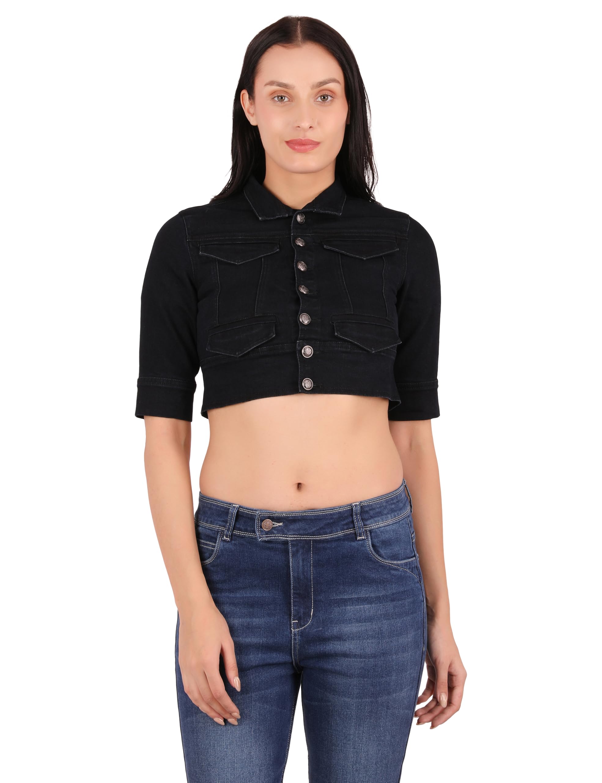 Women's Denim Jacket | Cropped Half Sleeves Jackets for Women | Front Button Regular Fit Denim Coat-picture-32