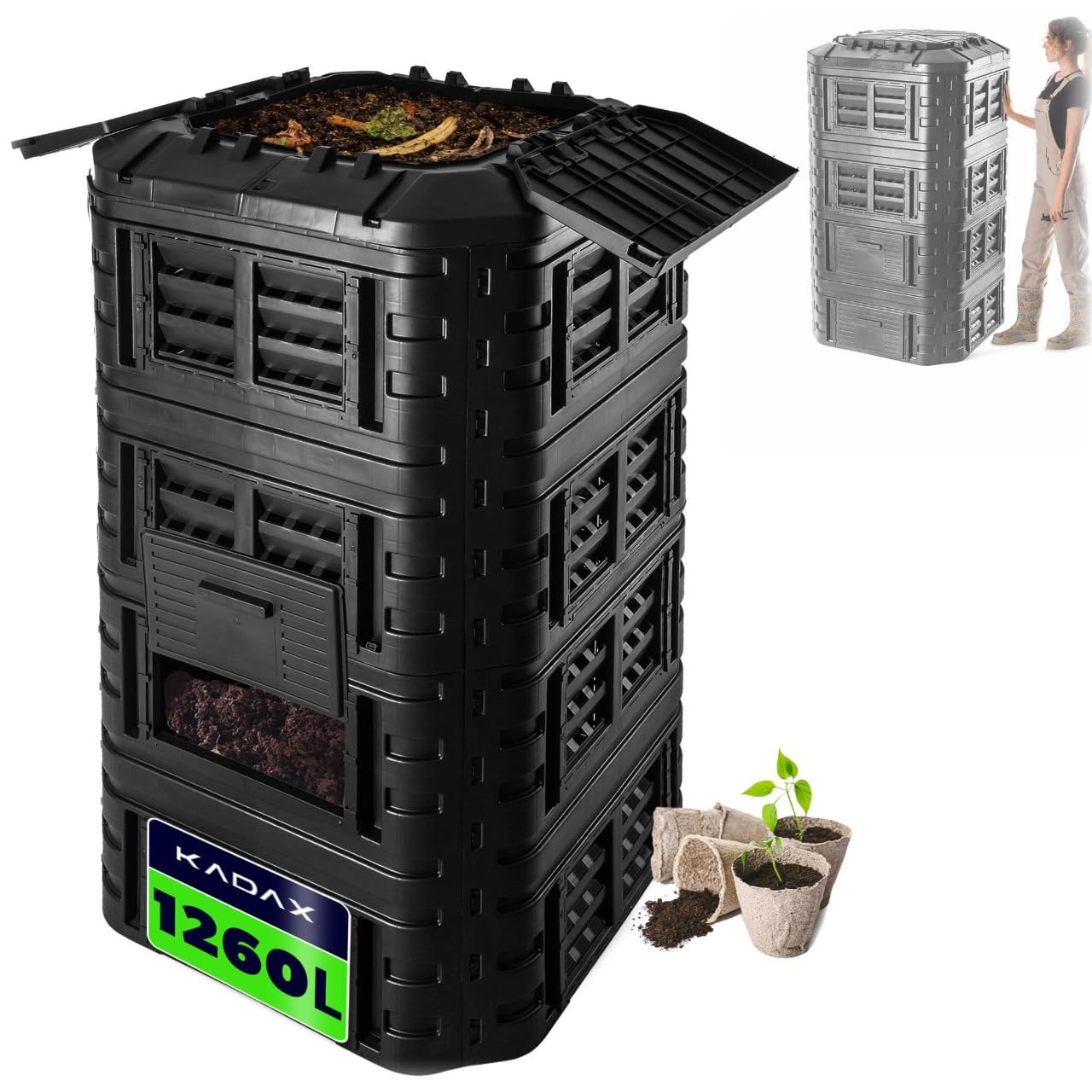 KADAX Compostador de plástico rápido, compostador con botones a presión, compostador térmico negro con tapa plegable (1260 L)
