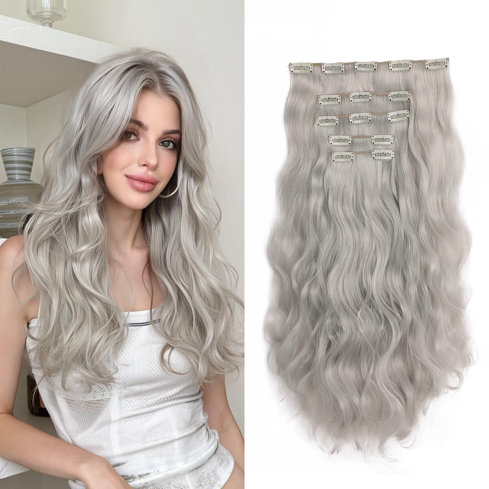 Gray Wavy Full Head Clip in Extension Amazon.com : HSPJHTM Grey Hair Extensions Wave Clip in Hair  main image 4