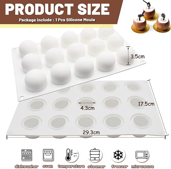 15 Cavities Spherical Silicone Cake Mould, Baking DIY Tools Ball Mould, 1PCS Non Stick Silicone Molds for Cake Chocolates Jelly Ice Cream, etc