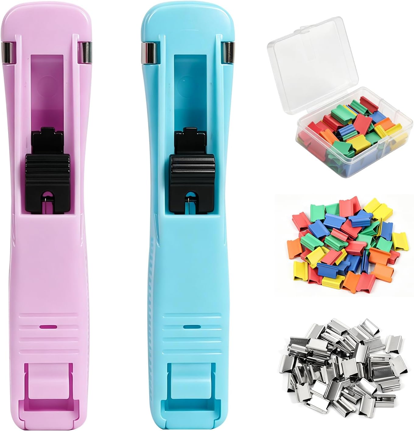 Reusable Portable Paper Clam Clip Dispenser, 2 Pcs Handheld Clipper 40 Sheet Capacity, 100 Metal Refill Clips (50 Silver,50 Color), Mini Paper Clip Tool for Office School Home Documents (Blue,Pink)
