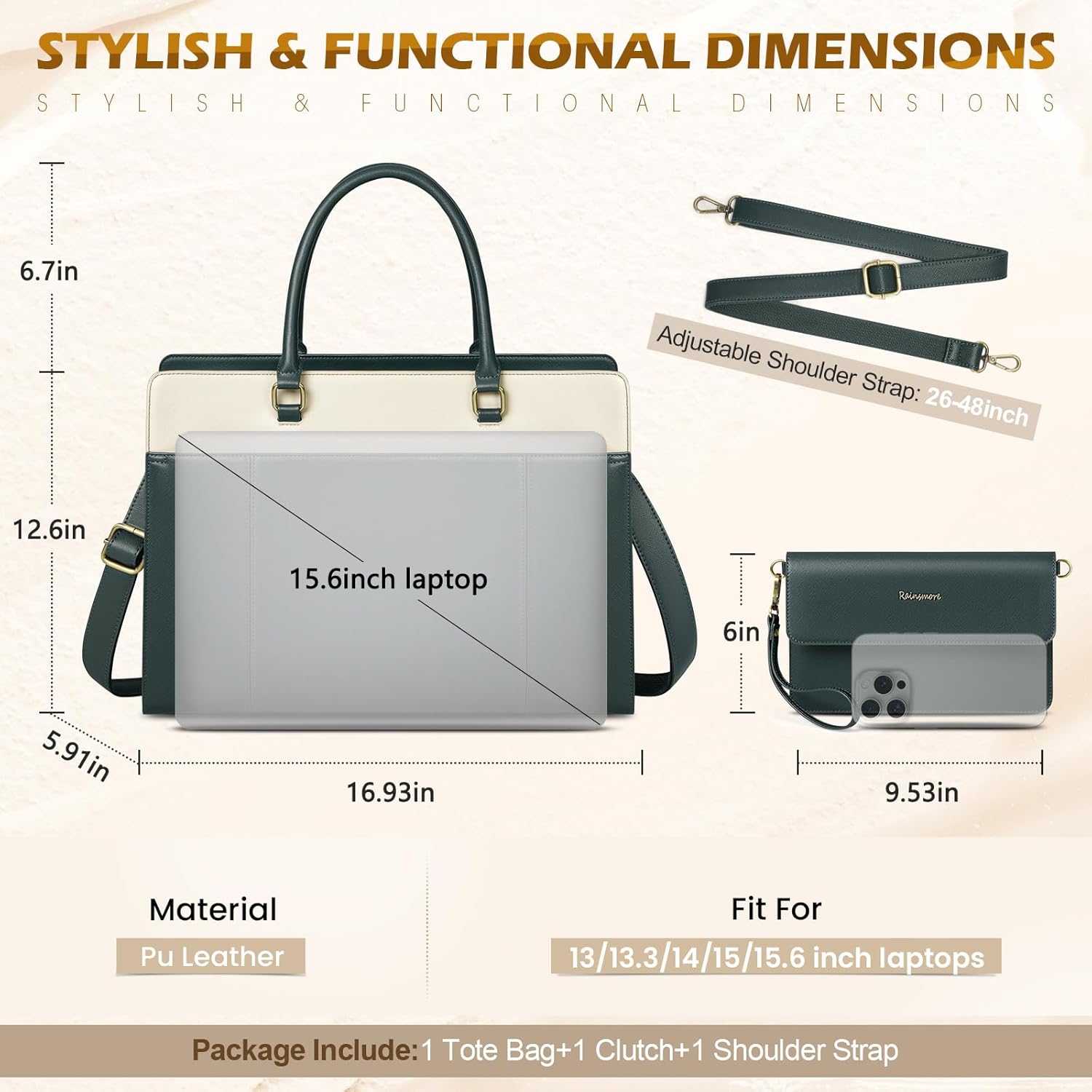 RAINSMORE Laptop Bag for Women 15.6 inch Leather Laptop Tote Bag Large Computer Bags Waterproof Business Office Work Bags Briefcase with Satchel Purse 2pcs Set, Dark Green