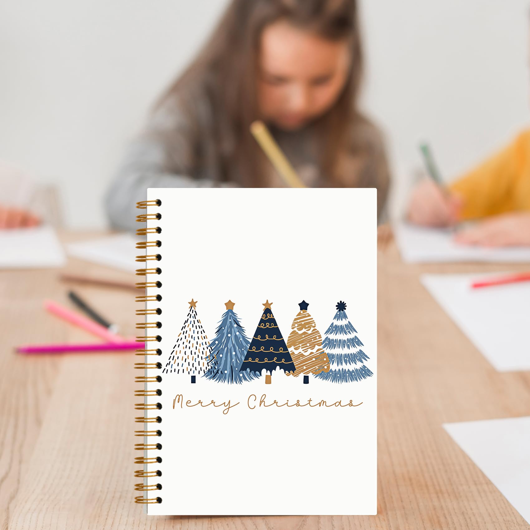 Quaderno con albero di Natale blu e oro, diario minimalista con albero di Natale per donna, quaderno a spirale per vacanze invernali, 14 x 21 cm