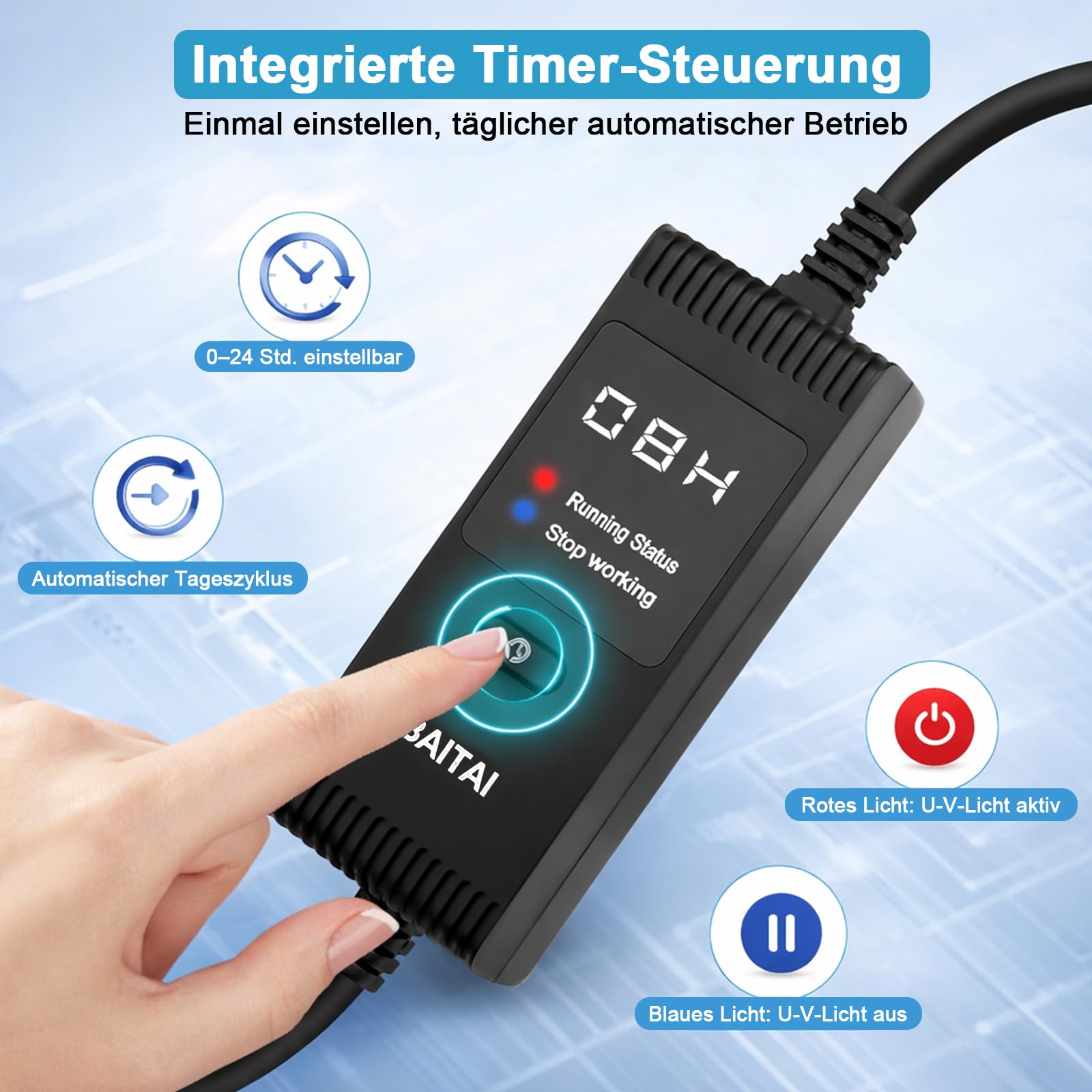 Aquarium UV Sterilisator 6W mit Timer, Vollständig Tauchfähig, Quarzversiegelt zur Abtötung von Bakterien & Algen, für 49–161L Aquarien