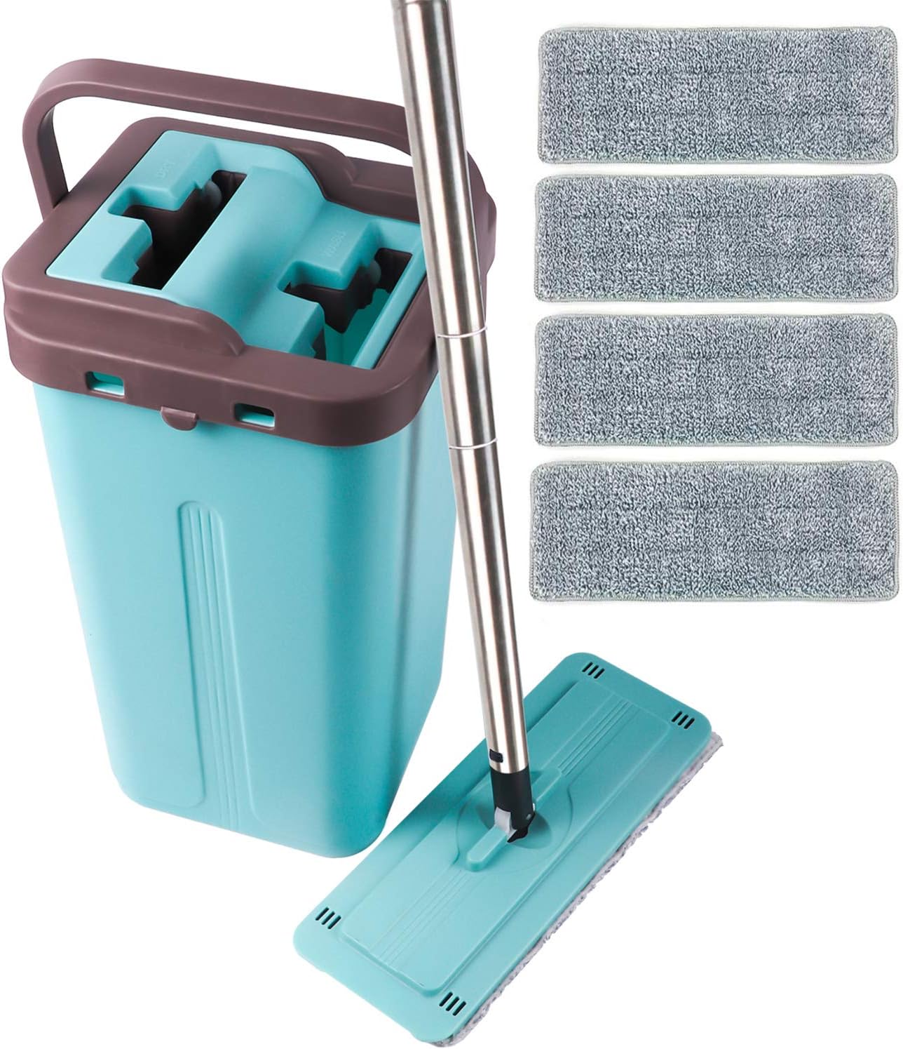 LETTON Microfiber Squeeze Mop and Bucket System for Home Bathroom Windows Floor Cleaning with 4 Washable Flat Microfiber Mop Pads