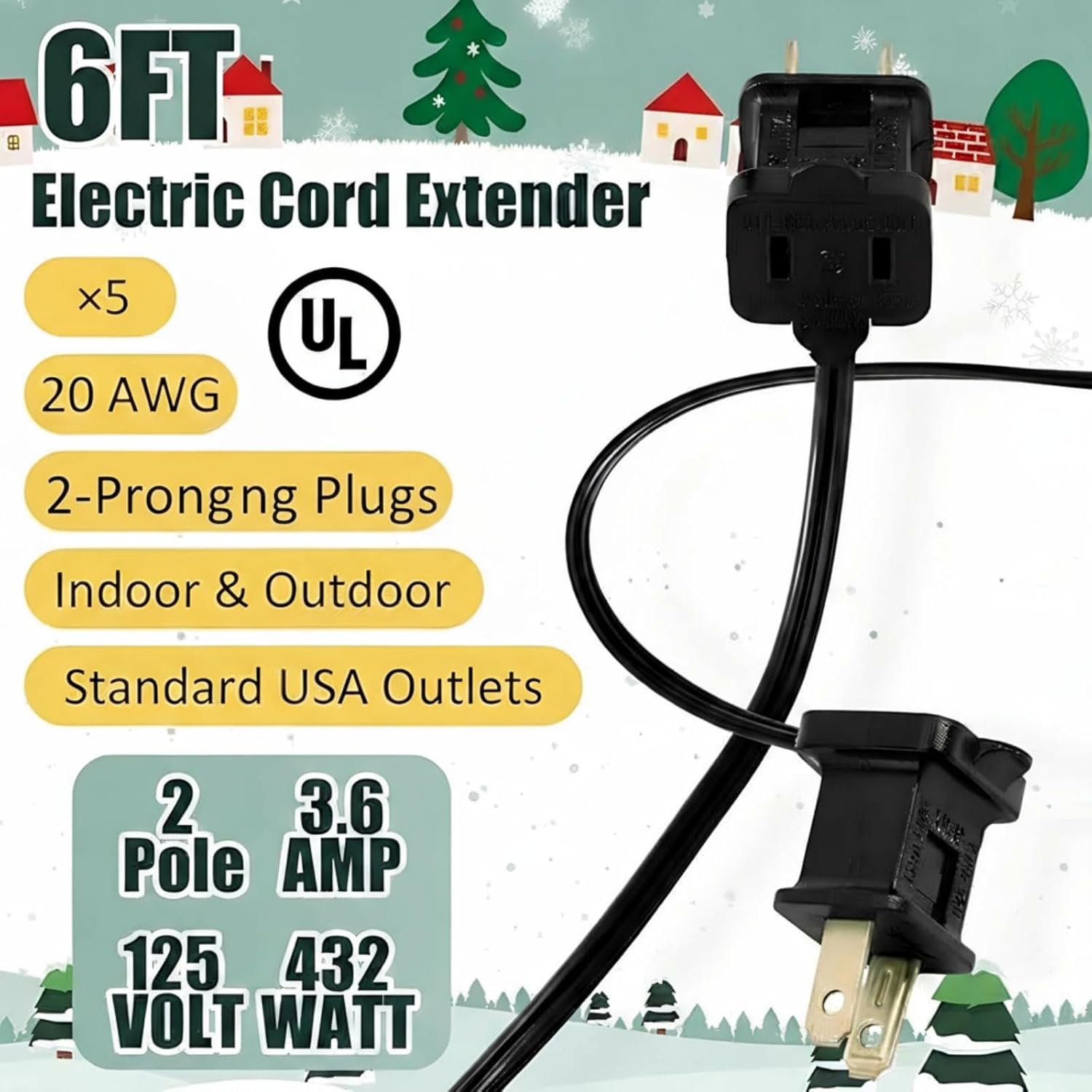 Kanayu 5 Pack 6 ft Black Indoor Extension Cord 2 Prong Electric Cord Extender, Wire Plug in and End, Ac 120 Volts for Outdoor Christmas Connect or Extend String Lights