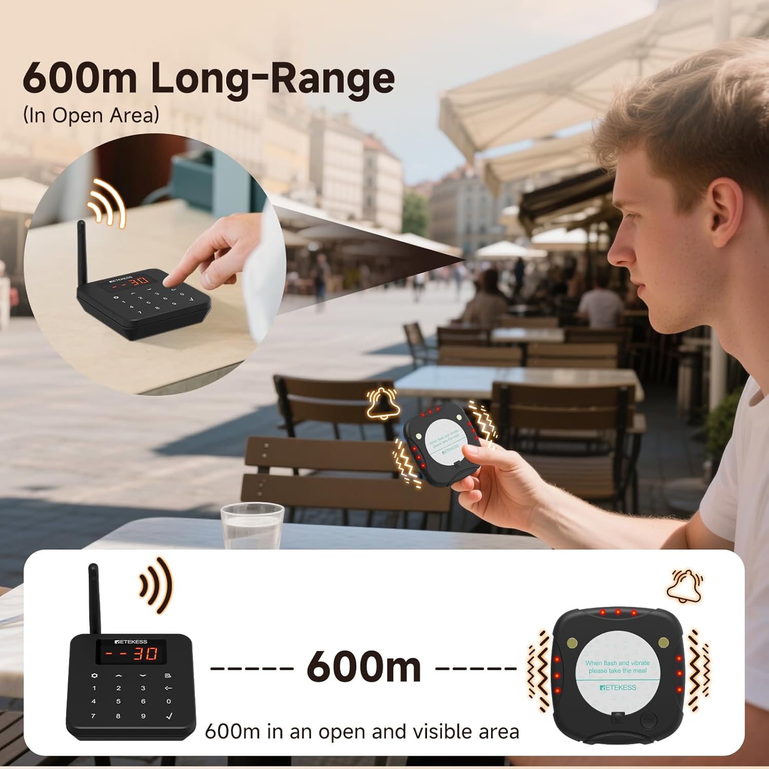 Retekess TD186 transmitter sending a signal to a pager 600 meters away in an outdoor setting.