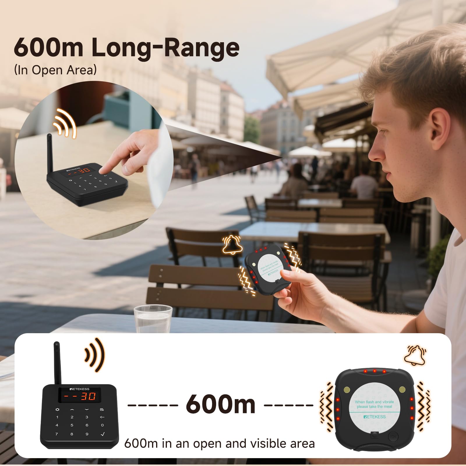 Retekess TD186 Bezprzewodowy System Przywoławczy, 30 Pagerów | Do Duża Restauracja, Klub, Największa 600M, Konstrukcja Antyprzewrotna, 300 mAh 24H, 64 Tryby Przypomnień, Plug and Play