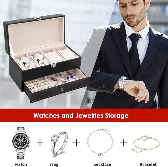 Watch Boxes 4 Slot Watch Storage Box Watch Display Case Watch Holder for Men Watch Stand Storage with Removable Watch Pillows Jewellery Box for Women Jewelry Collection Case for Bracelet Rings Brooch