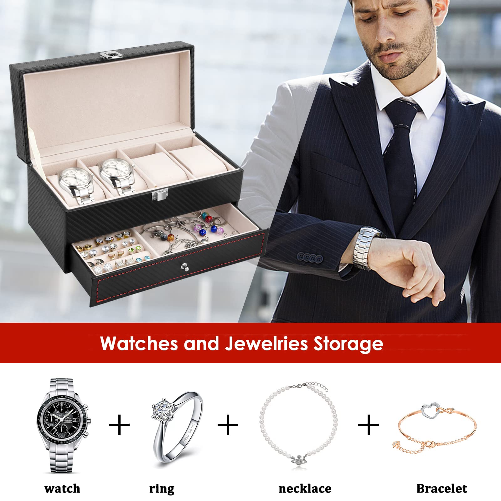Scatola Porta Orologi per Uomo e Donna - Cofanetto 4 Posti Watch Box - Custodia e Immagazzinaggio di Gioielli, Nero