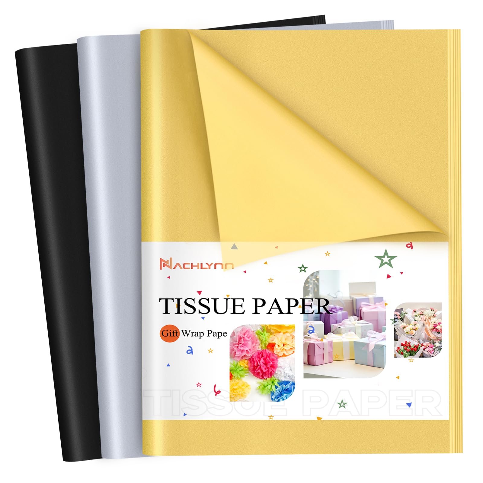 NACHLYNN 60 Sheets Metallic Tissue Paper Bulks Gold Silver Black Gift Wrapping Paper 14 x 20 inch Art Crafts for Graduation Crafts Gift Wedding Holiday Party Decorations