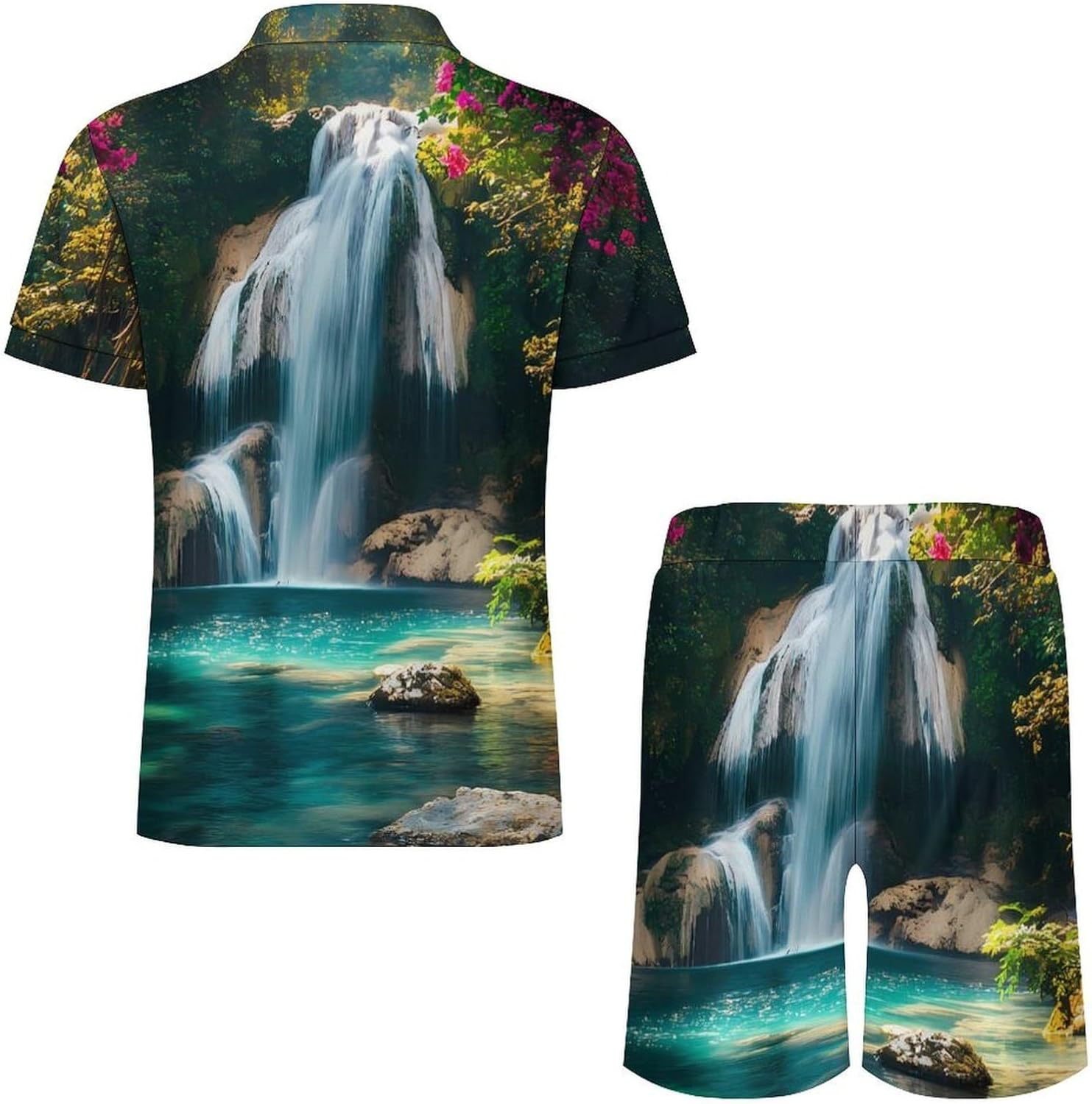 Waterfall in Tropical Rainforest Mens Polo Shirts Track Suits 2 Piece Short Sleeve Sweatsuit 1/4 Zip Golf Loungewear for Sports
