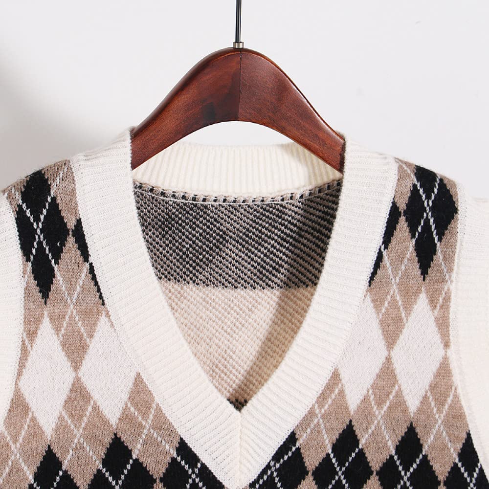 Maglione Gilet Donna,Gilet Lavorati A Maglia da Donna Maglioni Slim Pullover Vintage A Rombi Beige con Scollo A V Gilet in Maglia Stile College Caldo Maglioni Invernali Senza Maniche Canotta
