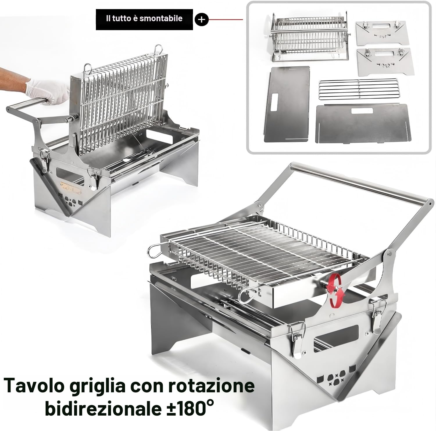 Griglia a carbone, rotazione a 360° con vassoio rimovibile e telaio in acciaio regolabile, griglie per barbecue in acciaio inossidabile con ribaltamento per picnic e festa in giardino