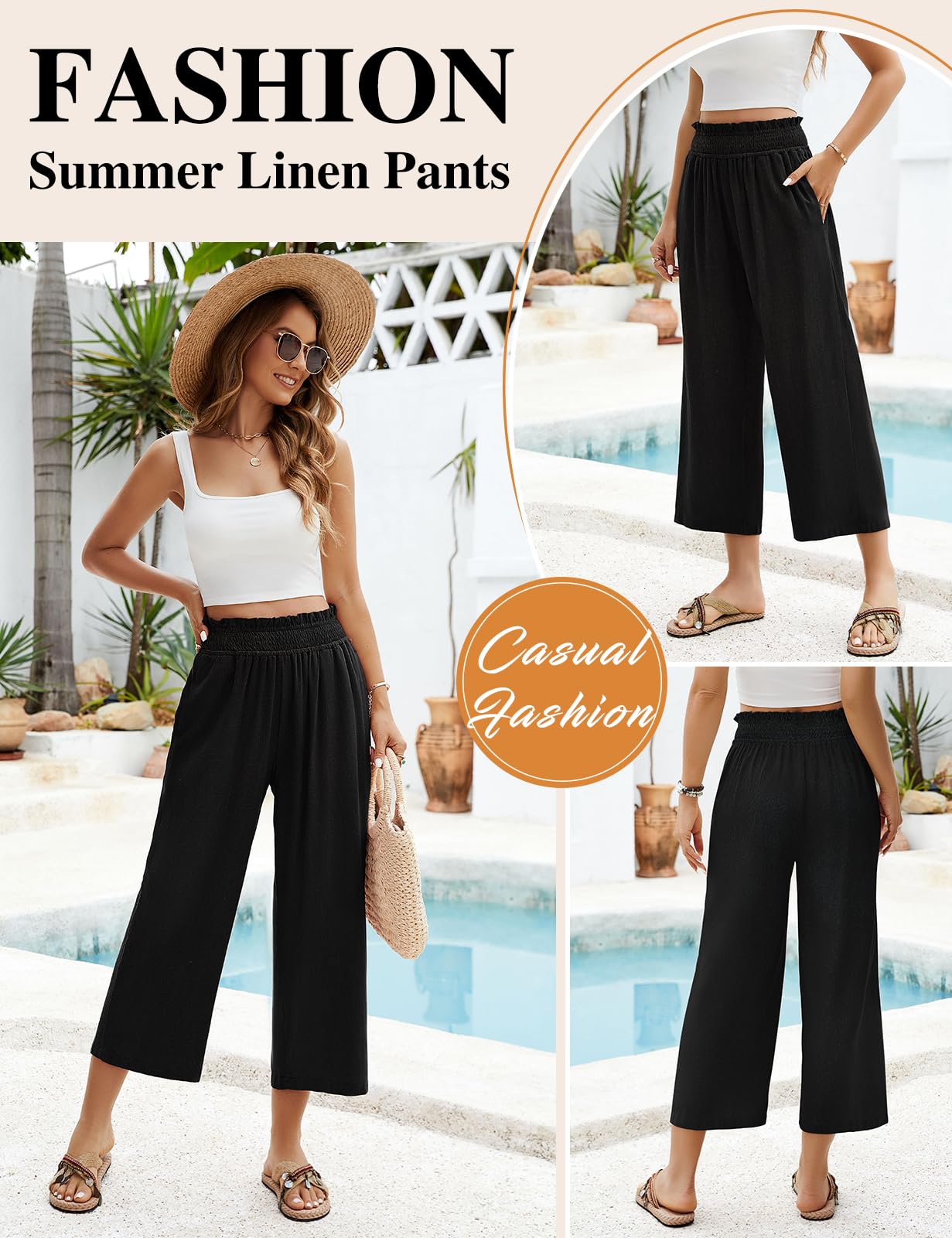 Pantalones Lino Mujer 3/4 Verano Anchos Algodón Alta Cintura Elásticos con Bolsillos