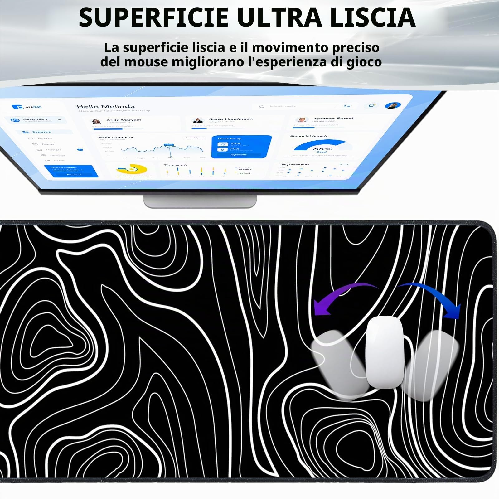 Tappetino mouse XXL gaming,Mousepad 800 x 300mm, tappetino scrivania grande dimensioni con base in gomma antiscivolo per tastiera, PC(Linee bianche e nere)