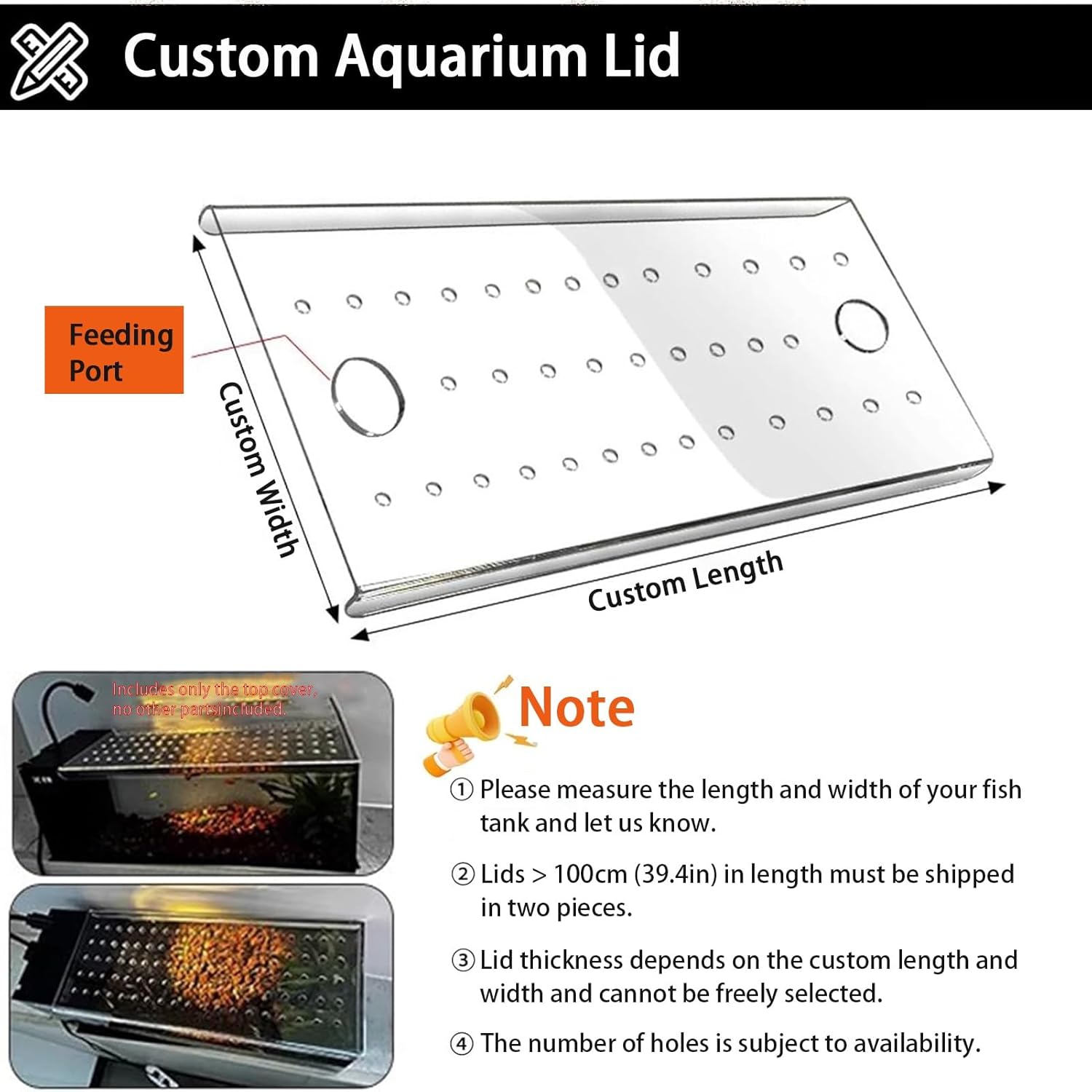 Acrylic Clear Aquarium Lid/Fish Tank Cover, Anti-Jumping Fish Tank Top Cover Ventilation Grid Panel, with Hole, for Aquarium