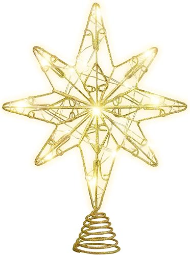 Decoración para árbol de Navidad, estrella de alambre de metal con purpurina para decoración del árbol de Navidad, color dorado