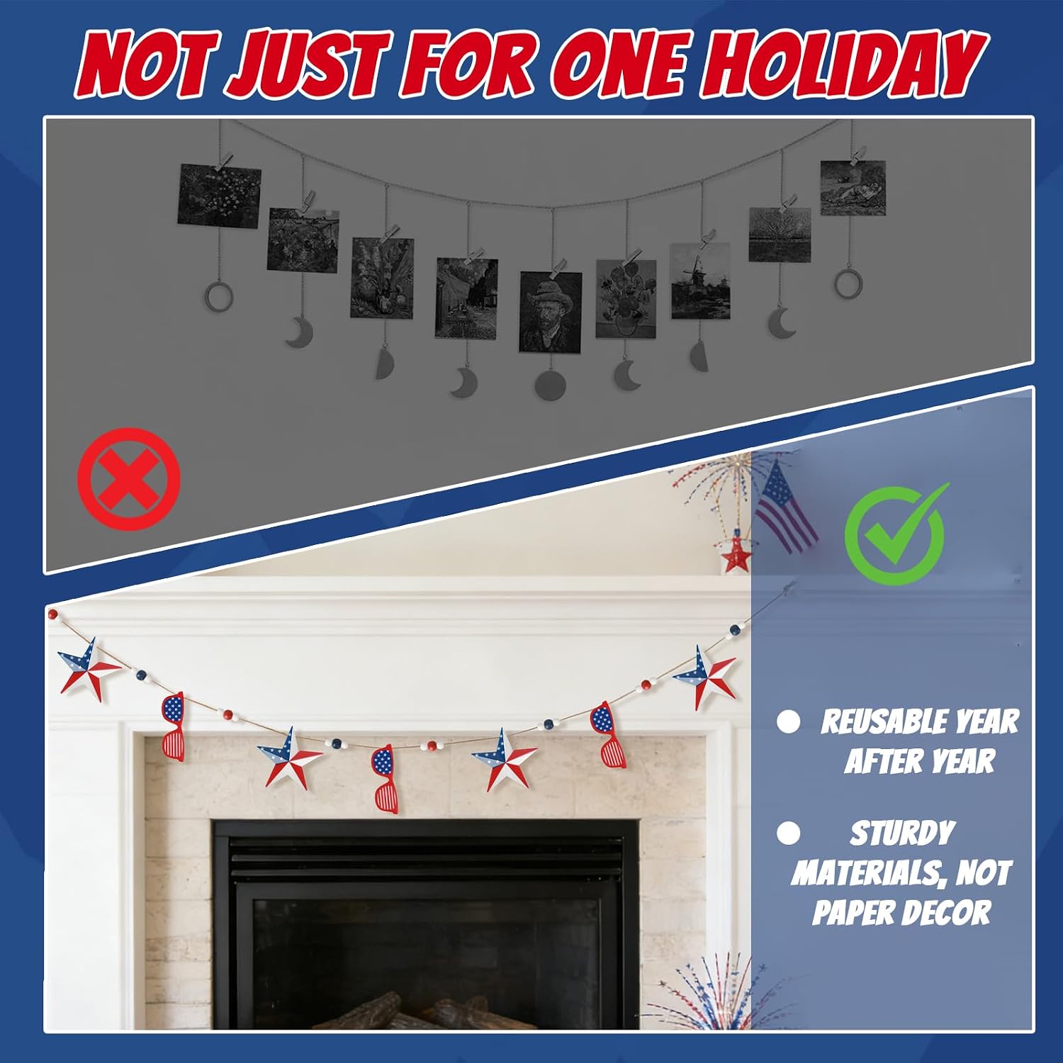 4th of July Decorations, Patriotic Memorial Day Americana Garland Decor, 6.3 Ft Metal Star and Sunglasses Hanging Banner, Red White and Blue Decorations for Home Fireplace Mantel Wall Party Decor