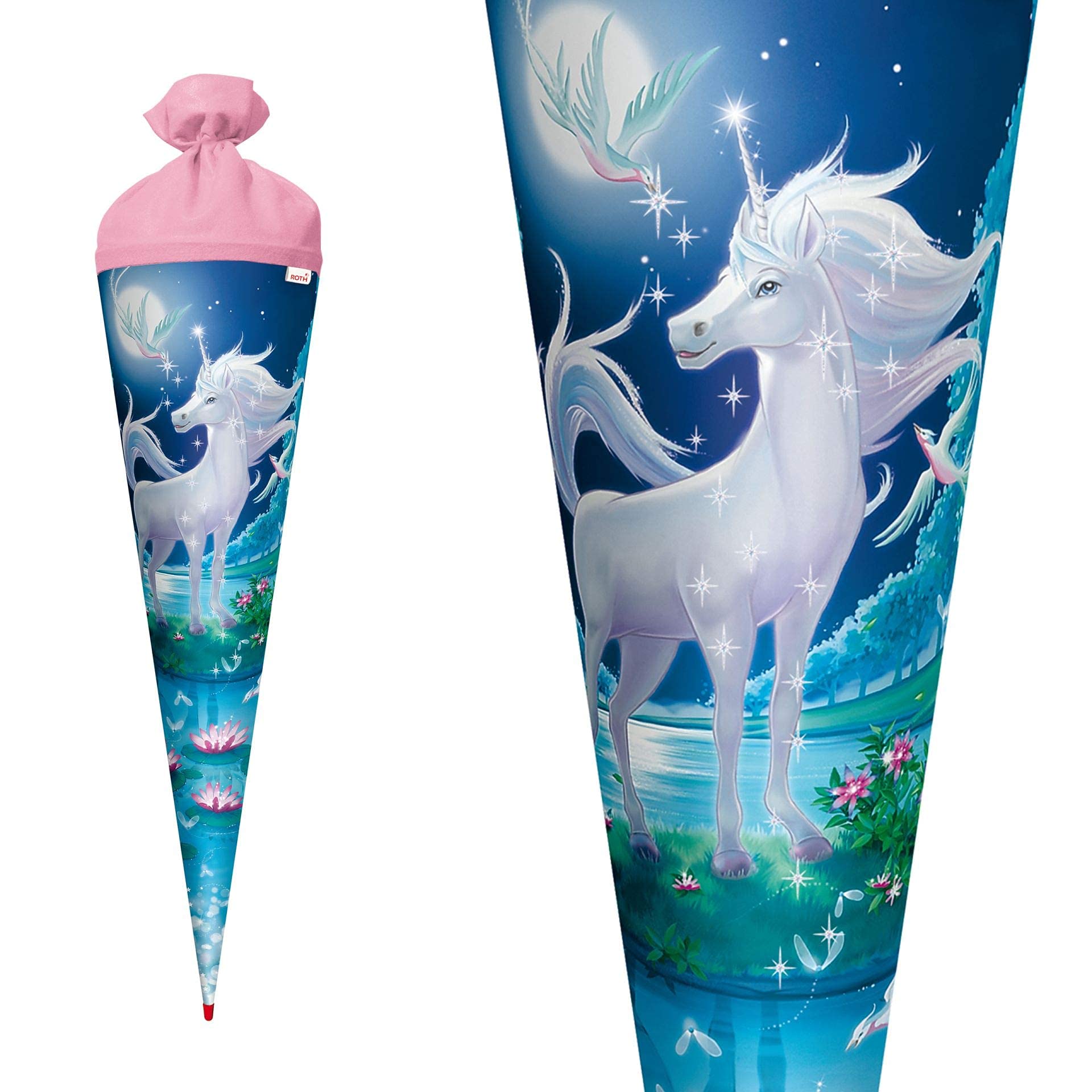 ROTH Cono scolastico grande unicorno lunare 70 cm – Glitter rosso con tappo in feltro
