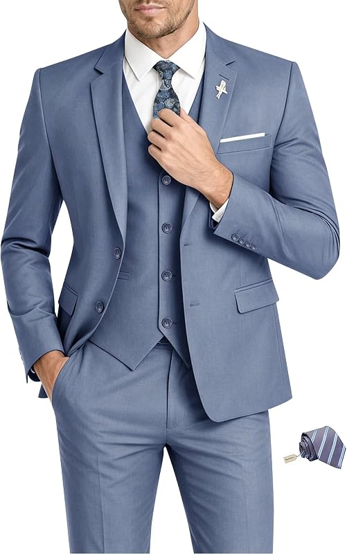 Mens Suit 3 Piece Set Slim Fit Wedding Dress Tuxedo Suits Set & Random Tie | Suit for Men Slim Fit Two Buttons Suits Set Solid Jacket Vest Pants 3 Piece with Tie Homecoming Tuxedo Prom Dinner Outfit