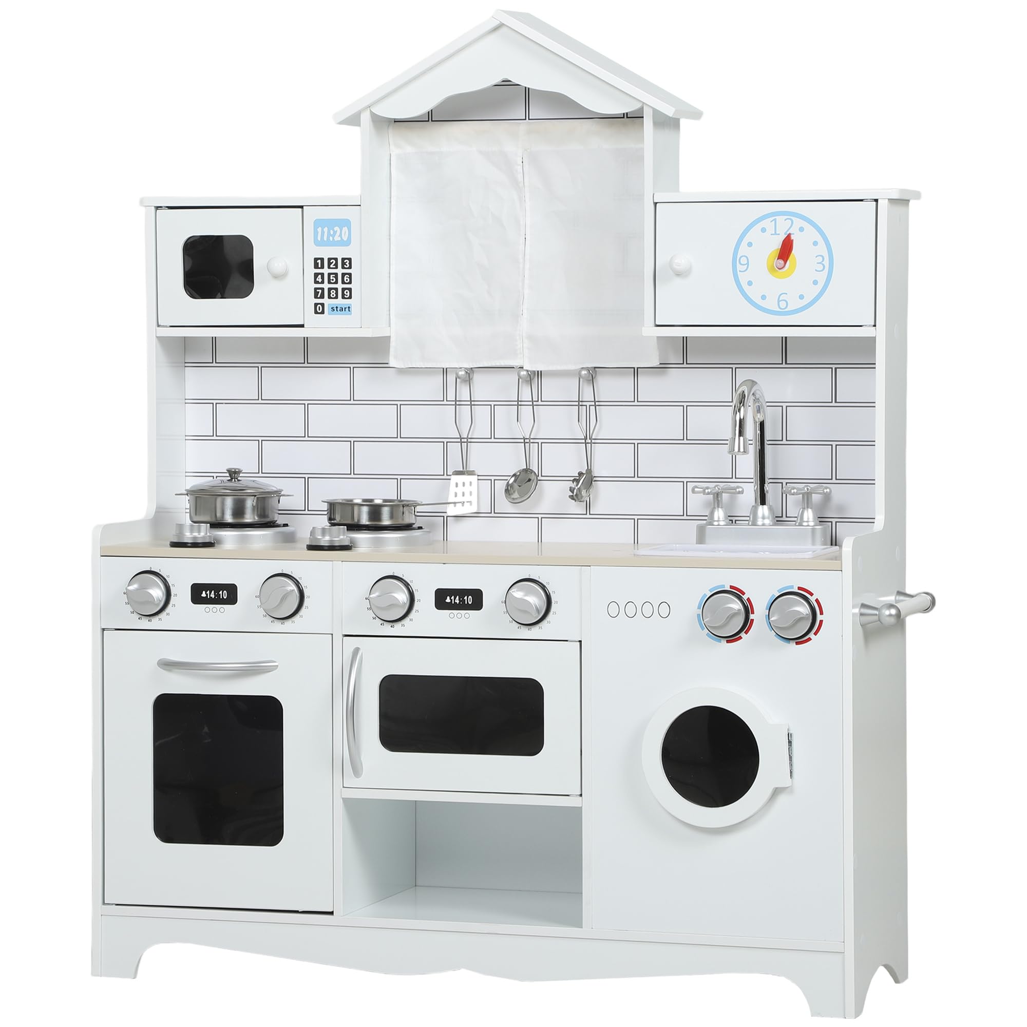 AIYAPLAY Cocina de Juguete de Madera con Sonido y Cortinas Lavadora Blanco | Cocinita Infantil, Accesorios de Acero Inoxidable, Microondas, Fregadero, para Niños a Partir de 3 Años