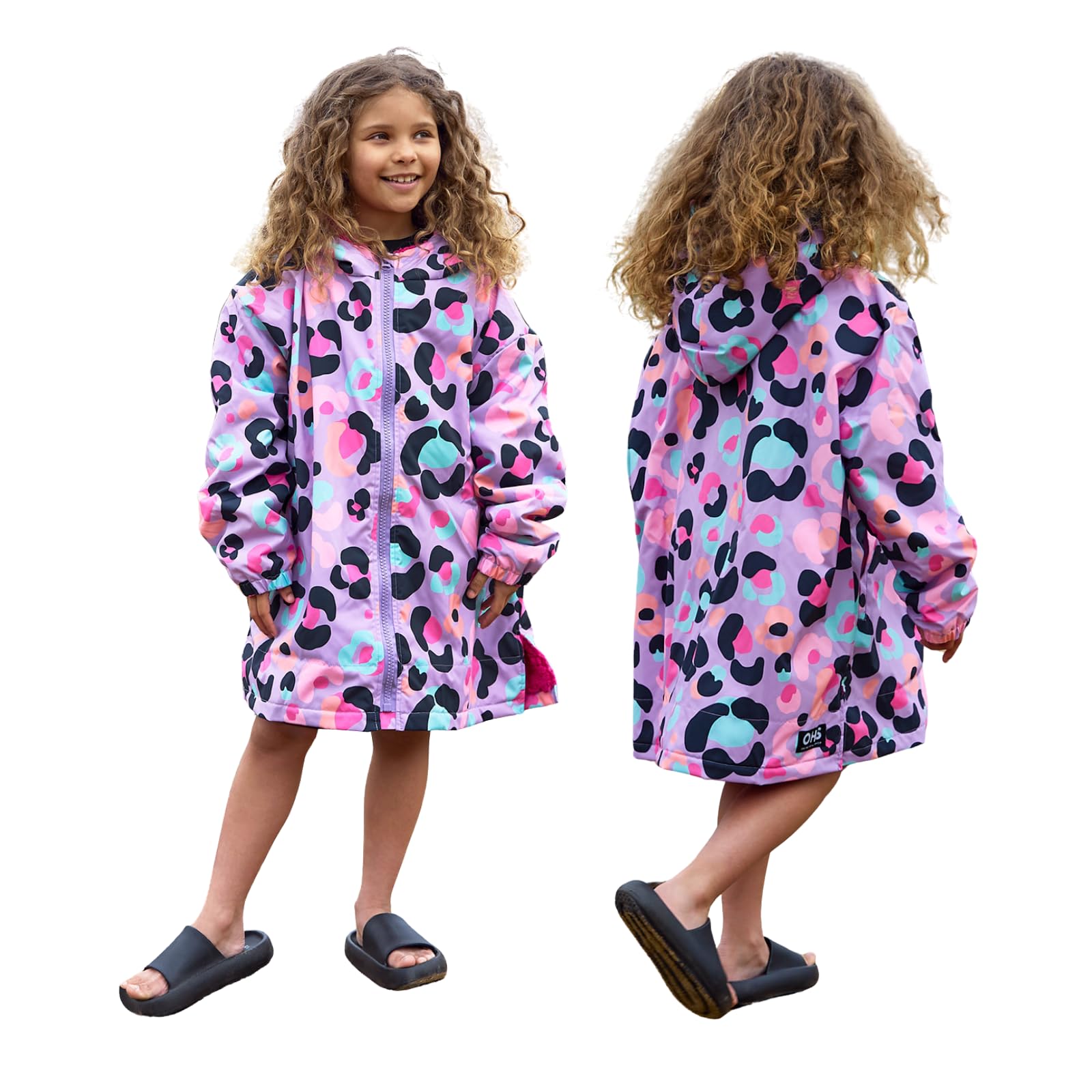 OHS Kids Sherpa Lined Drying Changing Robe - Lilac Leopard - L